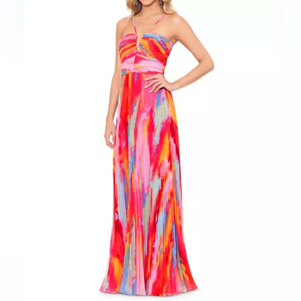 NWT BLOOMINGDALE’S AQUA Pleated Gown in fuchsia/multi
